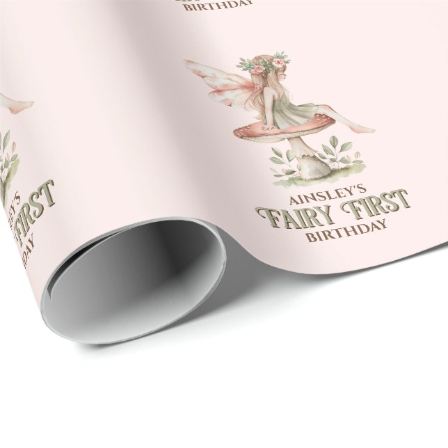 Personalised Fairy First Pink 1st Birthday Party Wrapping Paper (Roll Corner)