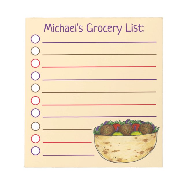 Personalised Falafel Pita Sandwich Grocery List Notepad (Front)