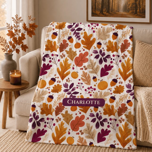 Personalised Fall – Autumn Leaves & Acorns Name Fleece Blanket (Creator Uploaded)