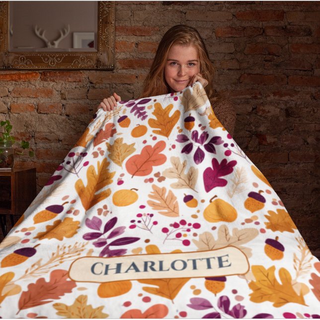Personalised Fall – Autumn Leaves & Acorns Name Fleece Blanket (Creator Uploaded)
