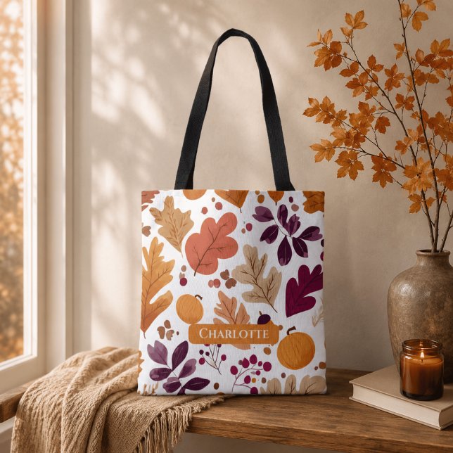 Personalised Fall – Autumn Leaves & Acorns Name Tote Bag (Creator Uploaded)