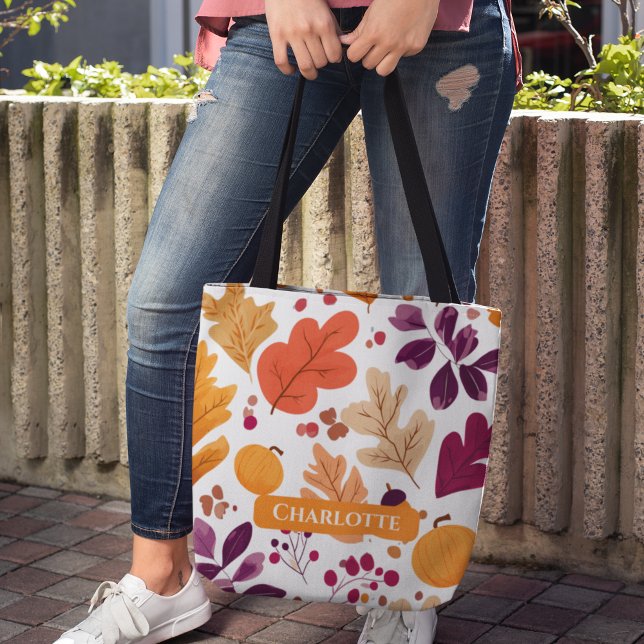 Personalised Fall – Autumn Leaves & Acorns Name Tote Bag (Creator Uploaded)