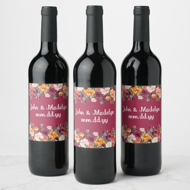 Personalised Fall Boho Wedding Watercolor Floral Wine Label (Bottles)