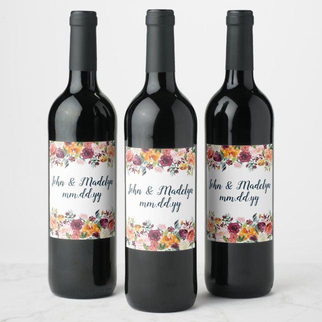 Personalised Fall Boho Wedding Watercolor Floral Wine Label (Bottles)