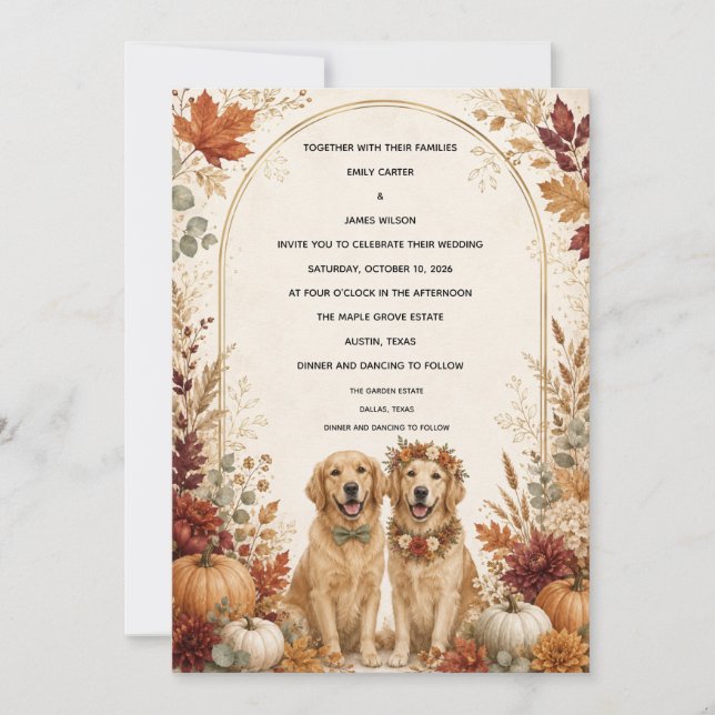 Personalised Fall Golden Retriever Wedding  Invitation (Front)