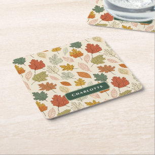 Personalised Fall Leaves – Cosy Autumn Custom Name Square Paper Coaster