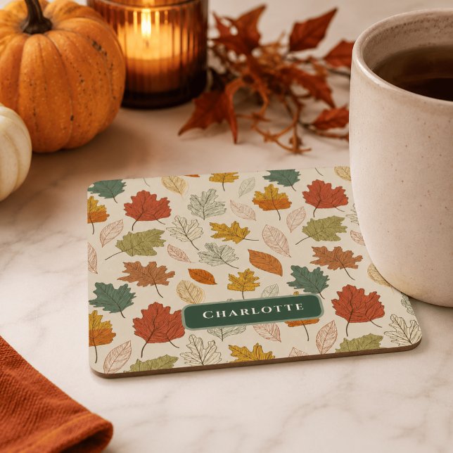 Personalised Fall Leaves – Cosy Autumn Custom Name Square Paper Coaster (Creator Uploaded)