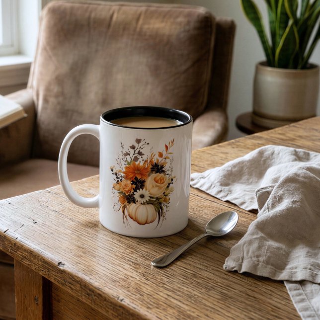 Personalised Fall Pumpkin Floral Bouquet Two-Tone Coffee Mug (Creator Uploaded)