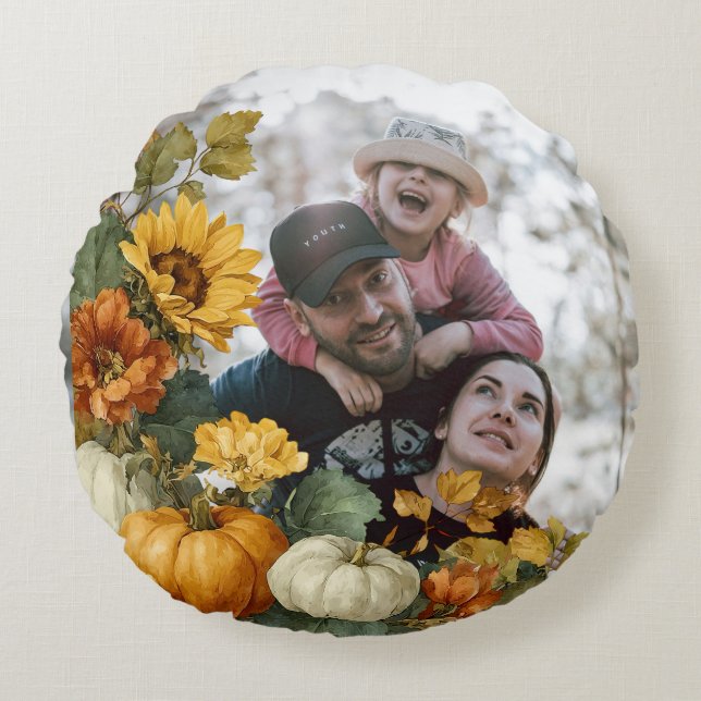 Personalised Fall Pumpkin Photo Design Round Cushion (Front)