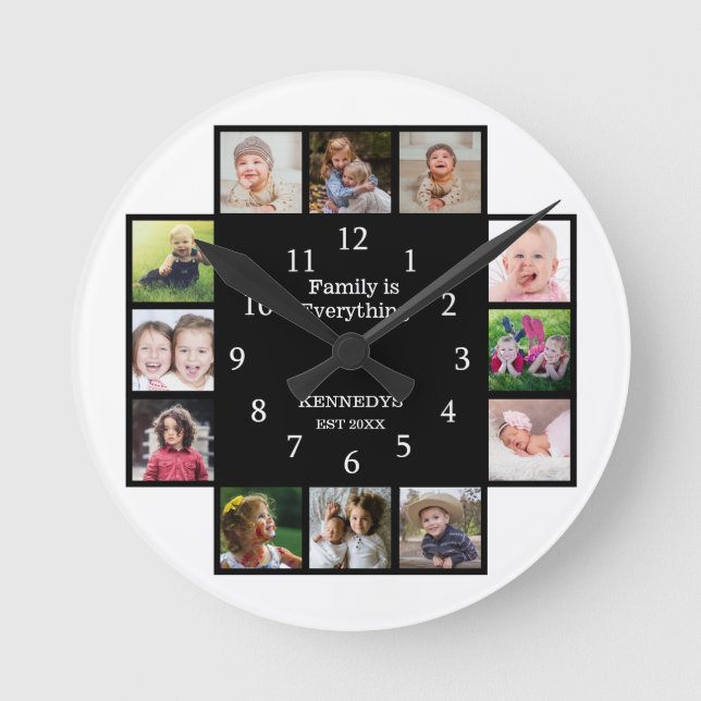 Personalised Family 12 Photo Collage Frame Black Round Clock (Front)