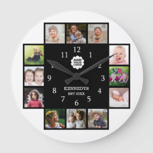 Personalised Family 12 Photo Collage Logo Black   Large Clock