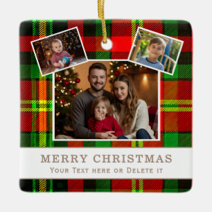 Personalised Family 3 Photo Green Plaid Christmas Ceramic Ornament