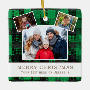 Personalised Family 3 Photo Green Plaid Christmas Ceramic Ornament