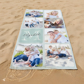 Personalised Family 7 Photos Collage - Monogram Beach Towel