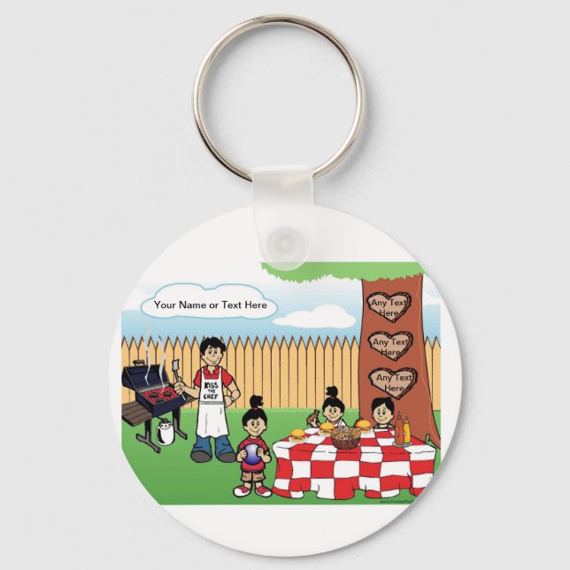 Personalised Family BBQ, Single Dad, 1 Boy Cartoon Key Ring (Front)