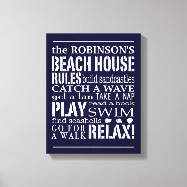 Personalised Family Beach House Rules Navy | White Canvas Print (Front)