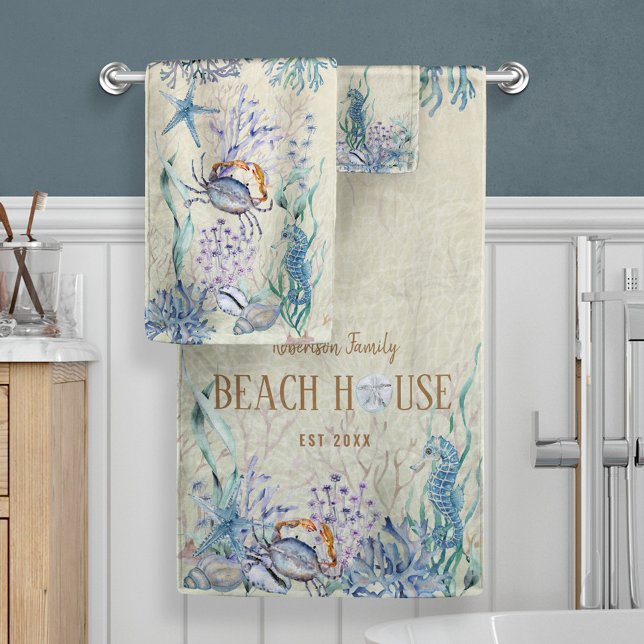 Personalised Family Beach House Sea Life Bath Towel Set (Creator Uploaded)