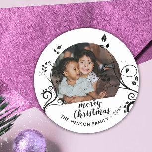 Personalised Family Black Foliage Christmas Photo  Classic Round Sticker