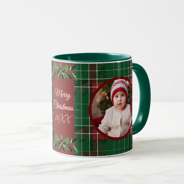 Personalised Family Christmas Green Plaid Mug (Front Right)