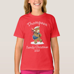 Personalised Family Christmas Highland Cow Bagpipe T-Shirt