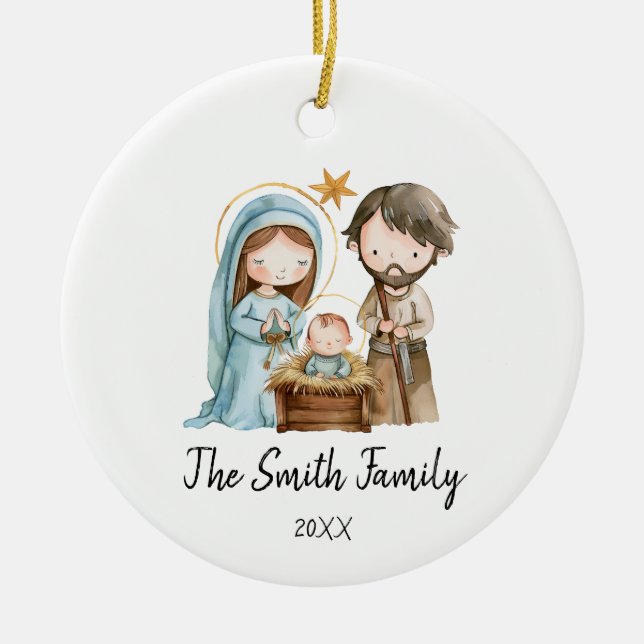 Personalised Family Christmas Joseph Mary Jesus Ceramic Tree Decoration (Front)