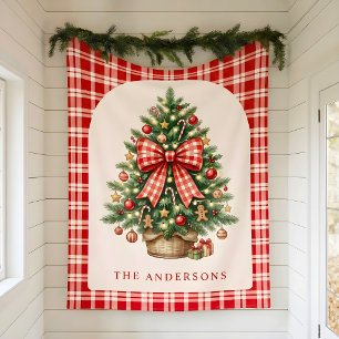 Personalised Family Christmas Tree Red Gingham Bow Fleece Blanket