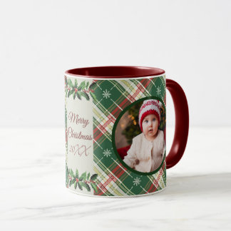 Personalised Family Christmas White, Green Plaid Mug