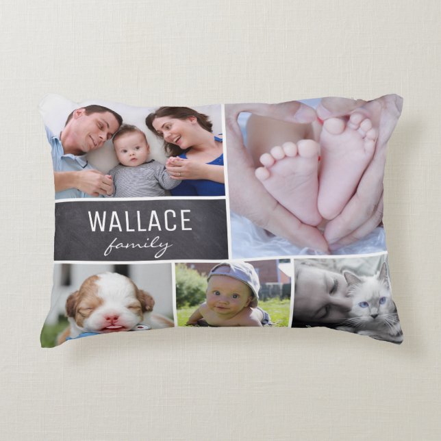 Personalised family Collage 5 Photos chalked Decorative Cushion (Front)