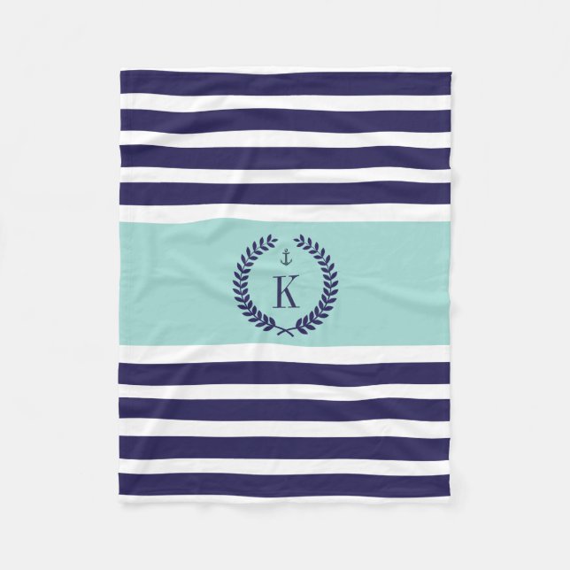 Personalised Family Crest Stripe Pattern Navy Mint Fleece Blanket (Front)