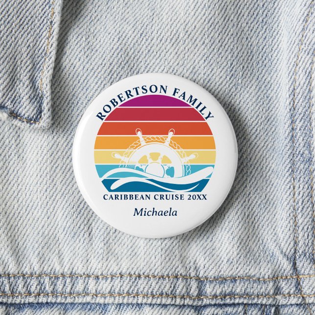 Personalised Family Cruise Retro Sunset Ship Wheel 6 Cm Round Badge (Creator Uploaded)