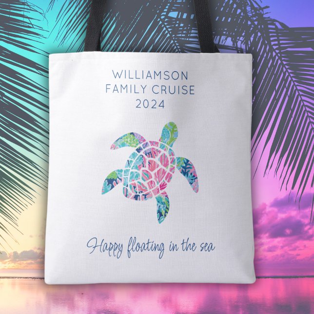 Personalised Family Cruise Vacation Sea Turtle Tote Bag (A personalized tote bag to take to the pool or beach.)