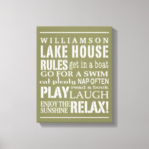Personalised Family Lake House Rules Green   White Canvas Print