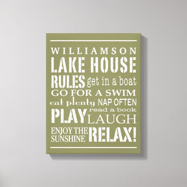 Personalised Family Lake House Rules Green | White Canvas Print (Front)