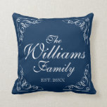 Personalised family last name blue throw pillows<br><div class="desc">Navy blue and white family name swirl and flourish throw pillow. Personalised home decor cushion for sofa, couch or bed in bedroom. Stylish script calligraphy typography for custom surname. Classy ornate border with beautiful swirly flourished decorations. Chic vintage template design with personalizable last name. Cute gift idea for wedding, birthday,...</div>