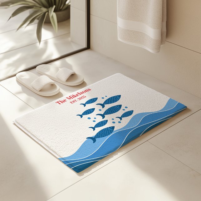 Personalised Family Modern Blue Coastal Fish Bath Mat (Creator Uploaded)