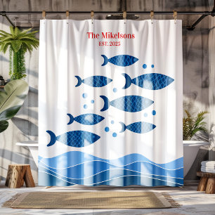 Personalised Family Modern Blue Coastal Fish Shower Curtain