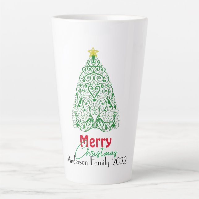 Personalised family modern linear Christmas tree Latte Mug (Front)