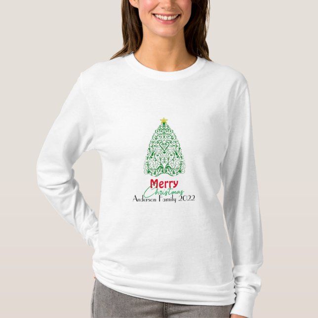 Personalised family modern linear Christmas tree T-Shirt (Front)
