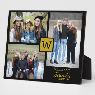 Personalised Family Monogram 3 Photo Black & Gold Plaque