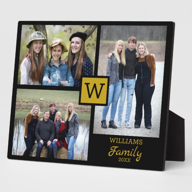 Personalised Family Monogram 3 Photo Black & Gold Plaque (Side)