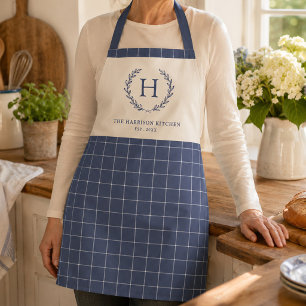 Personalised Family Monogram Blue Windowpane Apron