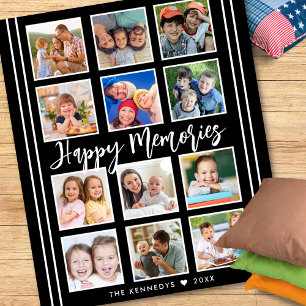 Personalised Family Name 12 Photo Collage Black Fleece Blanket