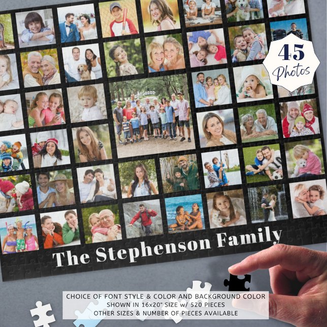 Personalised Family Name 45 Photo Collage Black Jigsaw Puzzle (Creator Uploaded)