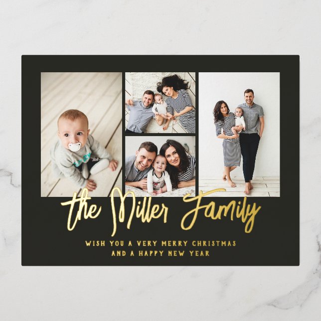 Personalised Family Name 4 Photo Collage Foil Holiday Postcard (Front)
