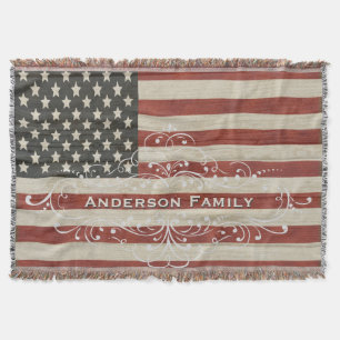 Personalised Family Name America Flag Wood Texture Throw Blanket