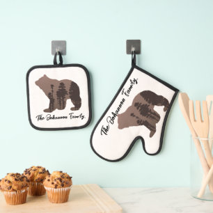 Personalised Family Name Bear Silhouette Oven Mitt & Pot Holder Set