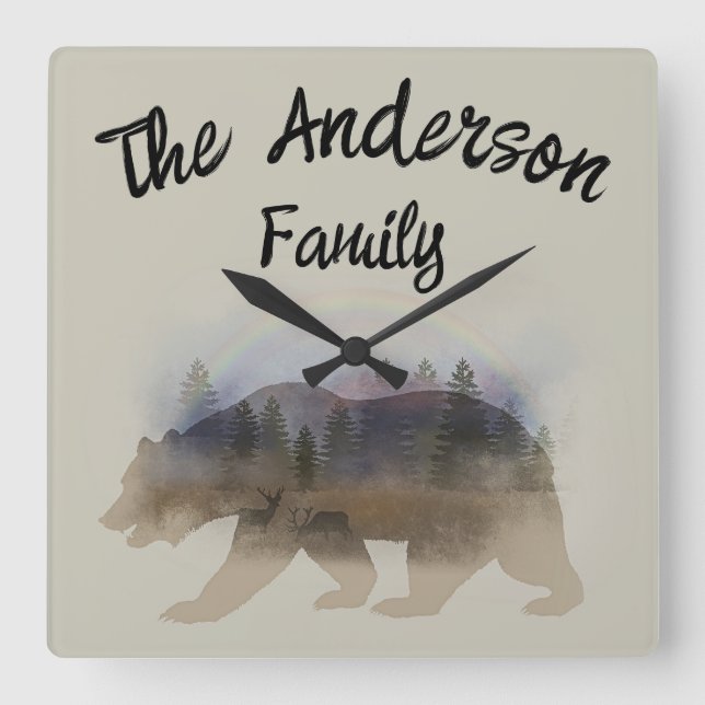 Personalised Family Name Bear Silhouette Square Wall Clock (Front)
