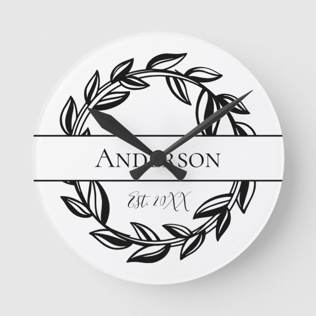 Personalised Family Name Black White Leaf  Round Clock (Front)