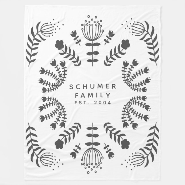 Personalised Family Name Black White Scandi Folk Fleece Blanket (Front)