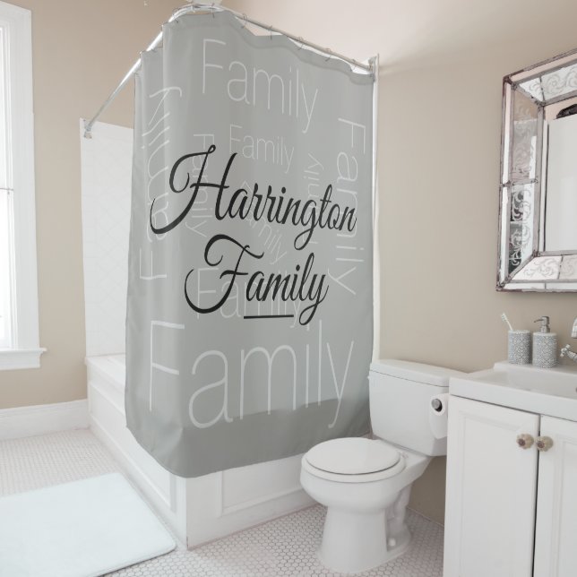 Personalised Family Name Chic Grey Shower Curtain (In Situ)